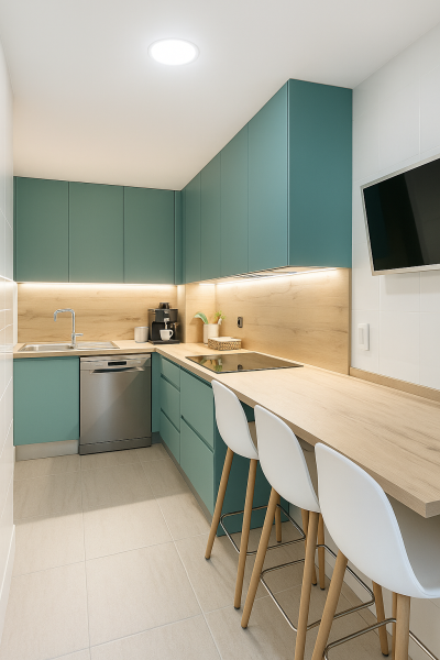 Cocina moderna en verde agua con electrodomésticos integrados y encimera de madera
