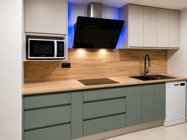 Cocina verde con encimera efecto madera